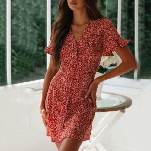 Fashion Print V-Neck Single-Breasted Short-Sleeved Dress