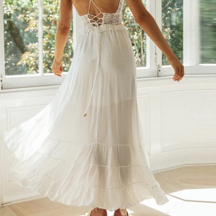 White Cotton Spaghetti Strap Maxi Dress Sexy Deep V-neck Backless Summer Women Beach Dress Casual Stitching Ruffle Dress