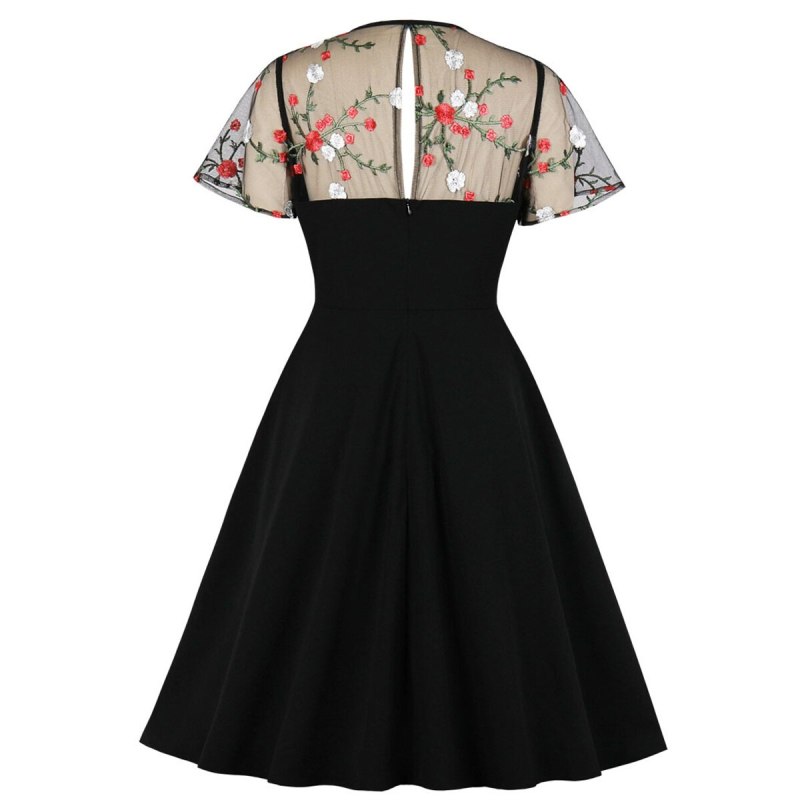 Floral Women Short Party Dress Black Slim Fit Sundress Mesh Short Sleeve A Line Swing 60s Rockabilly Summer Dresses