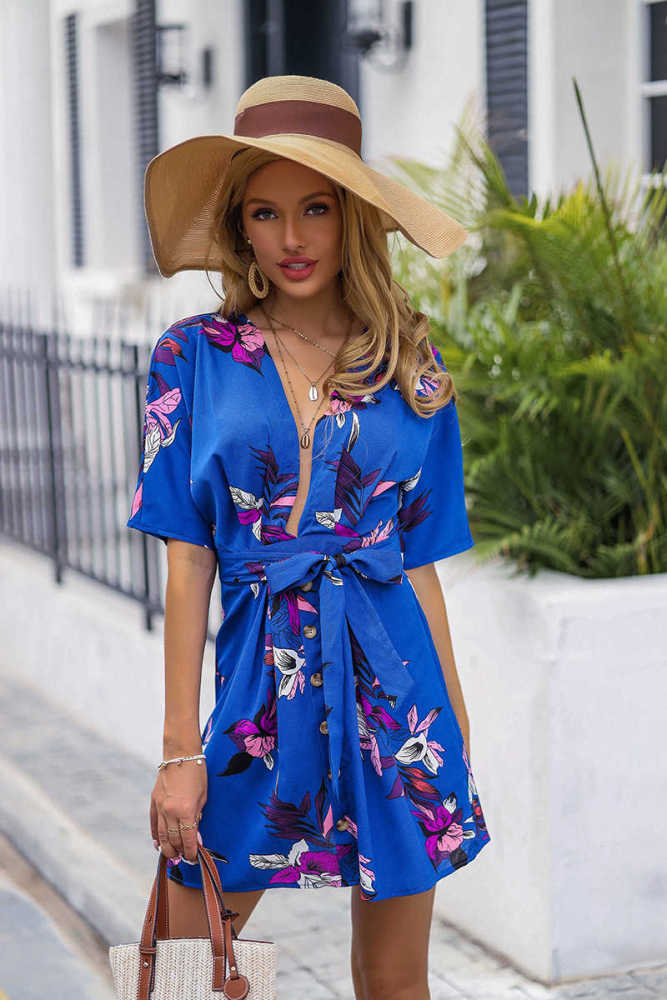 New Chiffon V-neck Lace Up Short Sleeve Print Dress For Summer / Spring 2021