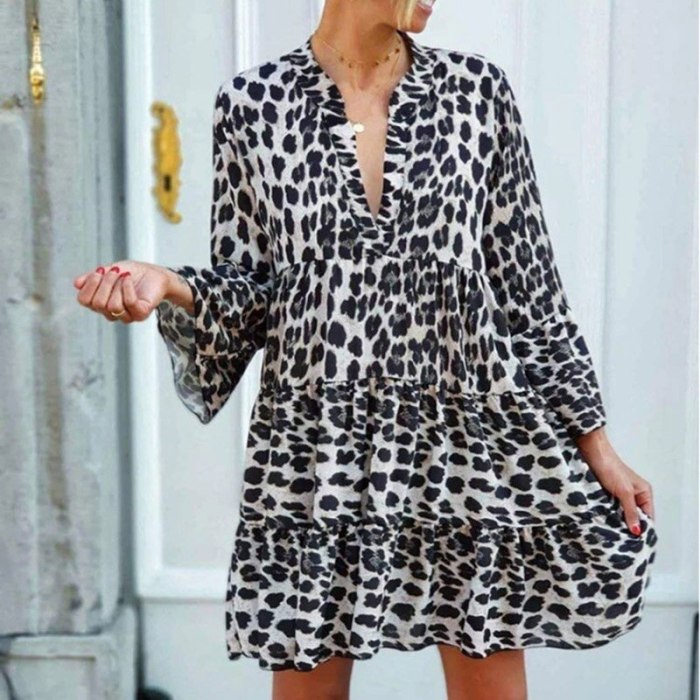 Leopard Dress Women Maxi V Neck Boho Long Sleeve Woman Dress 2021 New Long Casual Party A-Line Autumn Dresses Women Vestidos