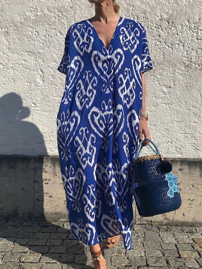 Vintage Blue Print Short Sleeve Maxi Dress