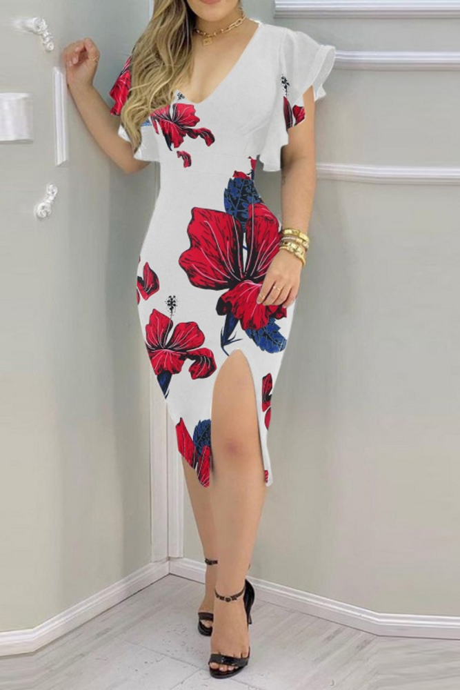 2021 Floral Print Fashion Summer Dresses Women Butterfly Short Sleeves Slim Party Dress Sexy V Neck Chic Slit Midi Bodycon Dress