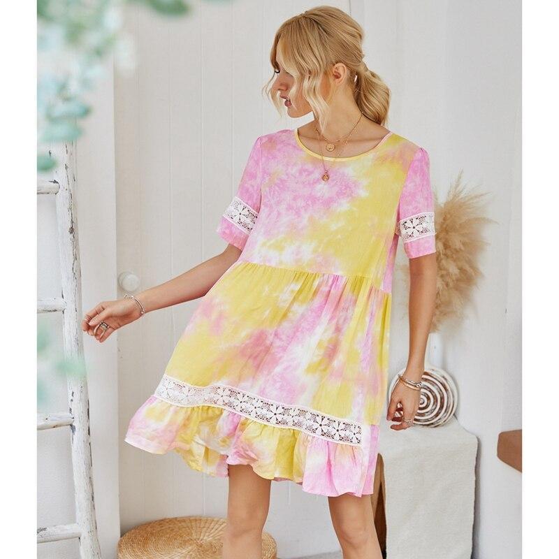 Fashion Lace Dress Womens Summer New Holiday Summer Tie-Dye Pleated Jacquard Vintage Dress