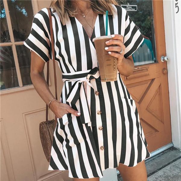 Fashion Striped V Collar Mini Dresses