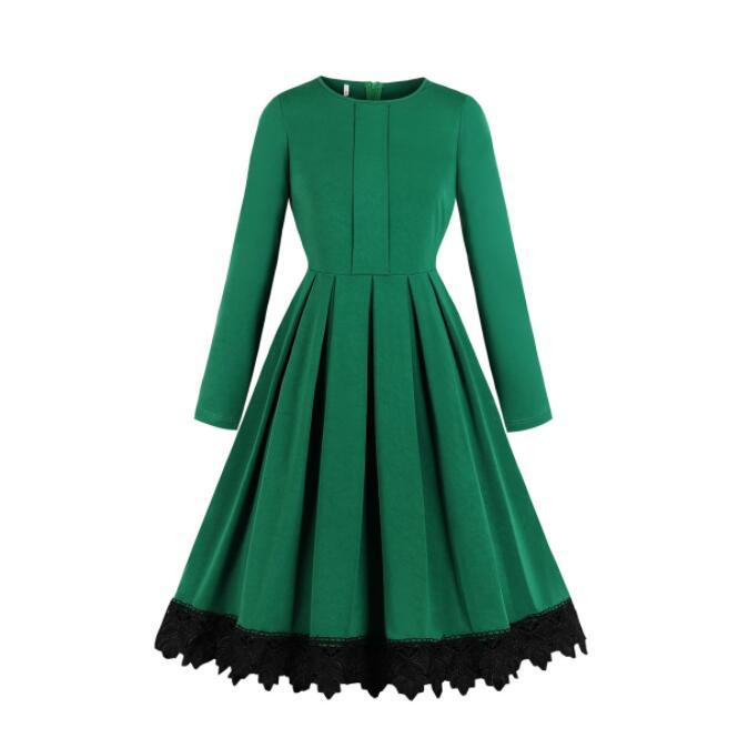 Tonval Green Contrast Guipure Lace Hem Solid Pleated Midi Dress Women Long Sleeve Autumn Winter High Waist Vintage Dresses