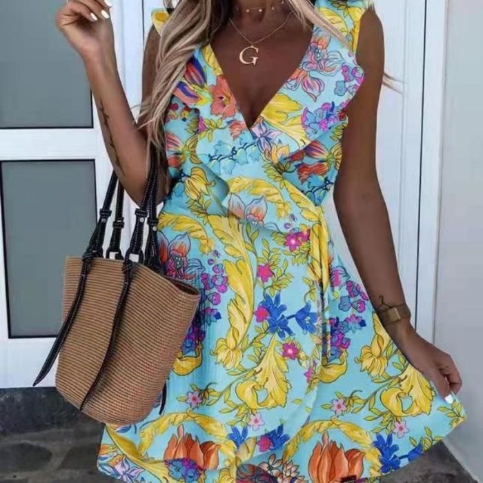 Dresses for Women 2021 Summer Casual V Neck Floral Print Ruffle Sleeveless Elegant High Waist Beach Party Mini Dress Robe Femme