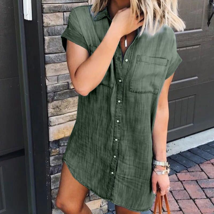 Solid Color Short-Sleeved Cow Shirt Dress