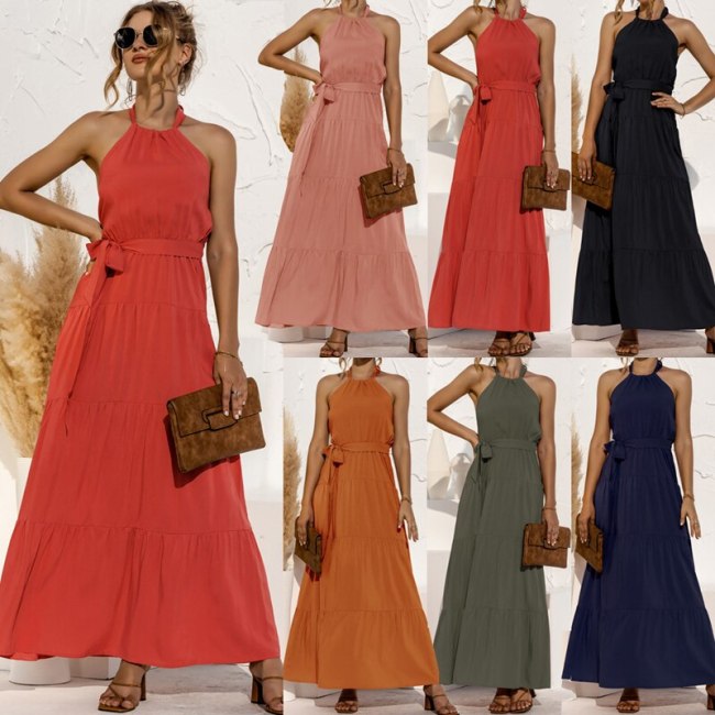 Spring Summer Solid Color Dresses For Women 2021 Elegant Women's Maxi Dress Neck-Mounted Robe Longue With Bandage Party Vestidos