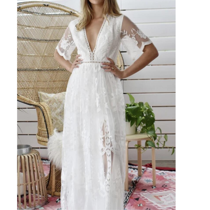 Bohemian Sexy White Lace Long Dresses 2021 Women Short Sleeve V-Neck Summer Beach Dress Casual Elegant Maxi Party Dress Vestidos