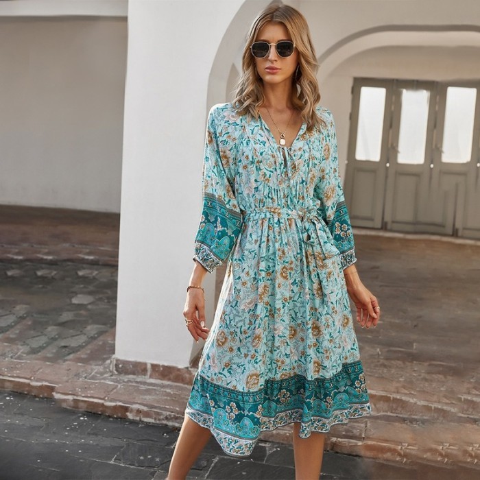 Spring Autumn Dress Women Long Sleeve V Neck Dresses Women Beach Autumn Ruffles Vintage Vestido Femme
