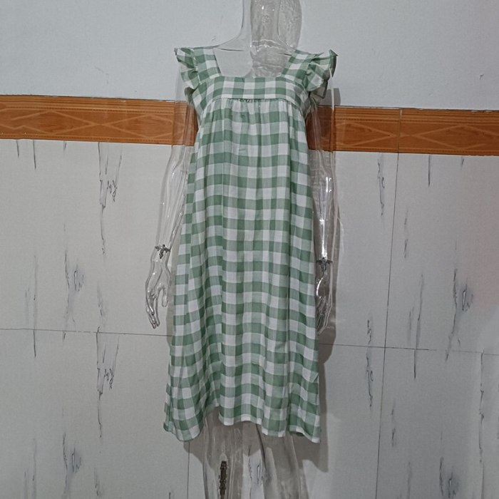 Ardm Dresses For Women Casual Green Plaid Square Collar Ruffled Loose Backless Summer Sweet Mini Dress