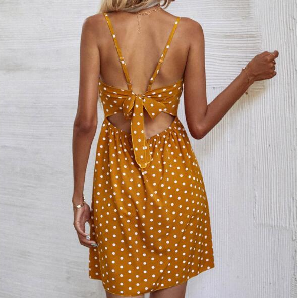 Summer Sexy Dress 2021 Fashion Women Bottom V-neck Spaghetti Strap Dot Printed Dress Sleeveless Bow Tie Back Casual Short Dress