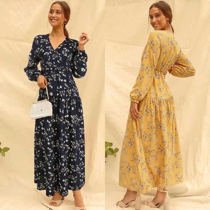 Summer Women's Dress 2021 Long Sleeve Fashion Casual High Waist Maxi Dress Slim Floral Print V Neck Office Lady Dresses Elegant