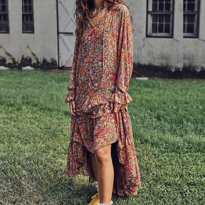 Summer 2021 Bohemia Fashion Printing Floral Loose Casual Western Style V-neck Long Sleeve Women's Dress