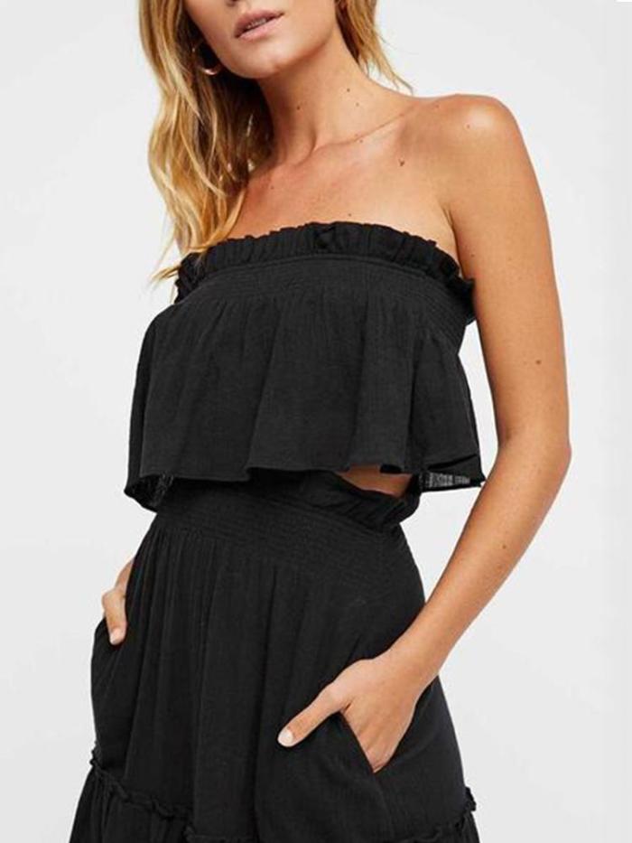 Sexy Ruffled Pleated Casual Sleeveless Two-Piece Suit Maxi Dress