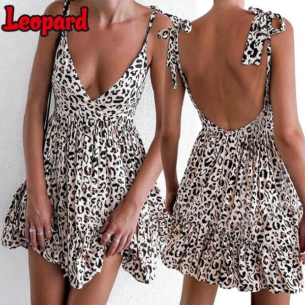 Summer Dresses Women Sexy Club Beach Style Tank Camisole Dresses Print Leopard Knee Lenth Spaghetti Strap Dress for Women