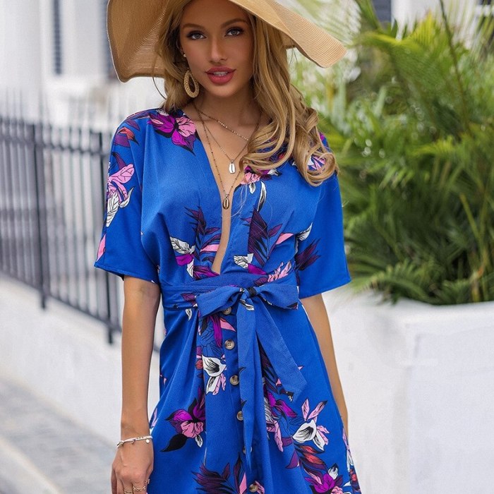 New Chiffon V-neck Lace Up Short Sleeve Print Dress For Summer / Spring 2021