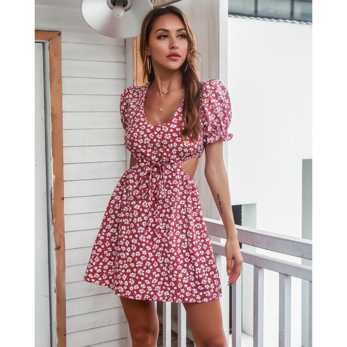 Mini Dresses for Women 2022 Hollow Out Floral Print Lace Up Beach Dress Sexy Casual Vintage Boho Puff Sleeve Sundress