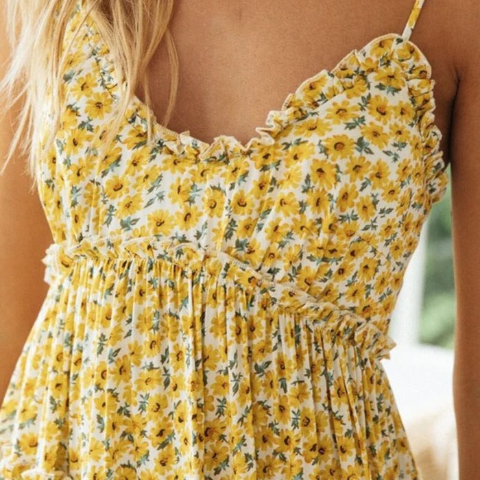 Yellow Floral Print Mini Dress Women Summer 2021 Spaghetti Strap Backless Bohemian Sundress Ruffle Beach Boho Pleated Dresses