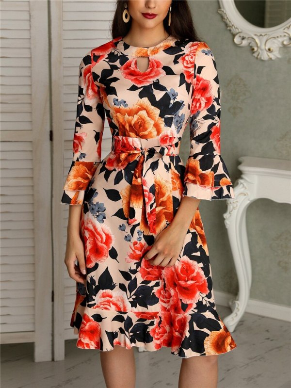 Fashion New Women Floral Printed Elegant Formal Office Work Long Sleeve O-Neck Dress Midi Tunic Bodycon Party Skater Dress