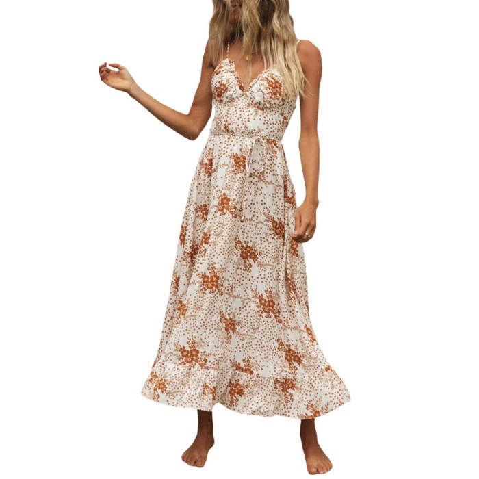 2021 New Women Summer Casual Long Dress Ladies Floral Printed Pattern V-neck Sleeveless Bohemian Beach Sexy Dresses Outfits