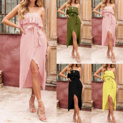 Summer Sexy Women Solid Long Chiffon Dress Ruffles Wrap Chest V-Neck Split Sexy Party Maxi Dress