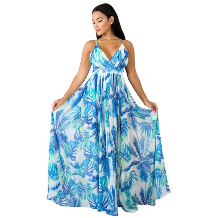 Print Floral Loose Boho Deep V Neck Backless Long Women Dress 2018 Maxi Dresses Vestidos Sexy Back Cross Beach Summer Dress