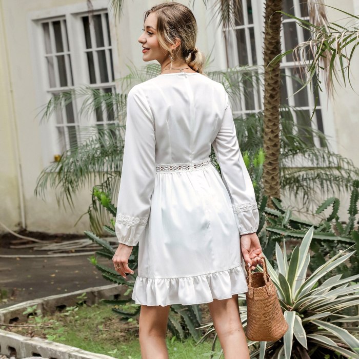 Summer 2021 New Fashion Chic Ladies White Party Dress High Waist V Neck Long Lanern Sleeve Women's Casual Dress
