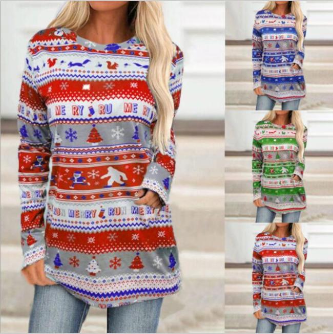 Women Fashion Christmas Reindeer Snowflake Print Long Sleeve Sweater