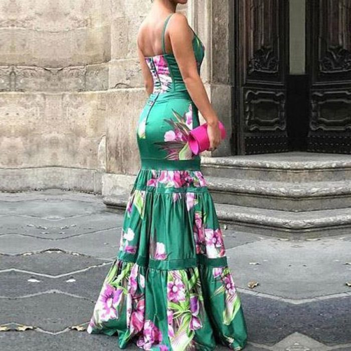 Vintacy Sexy Party Dress Women Long Dresses Elegant Evening Summer Sundress Green Floral Print Backless Boho Maxi Vestido 2020
