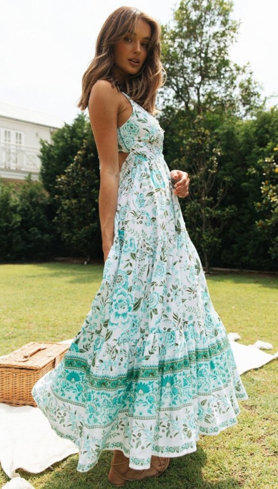 V-neck Bohemian Positioning Flower Dress with Backless Lace-up Dress