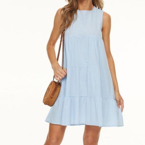 Fashion Women Summer Solid Color A-Line Dress Back Hollow Out Button Decor O-Neck Sleeveless Casual Female Loose Mini Dresses