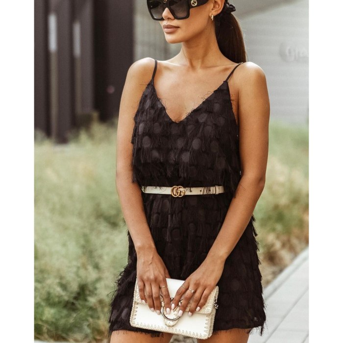 Women Mini Dress Solid Sleeveless Strap V Neck Tassel Loose Dresses Sexy Fashion Outfits Summer 2021