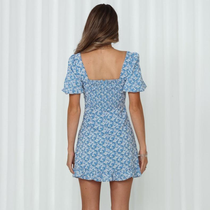 Women's Casual Floral Print Slim Dress Summer Fashion Short Sleeve Backless High Waist Square Collar Dress