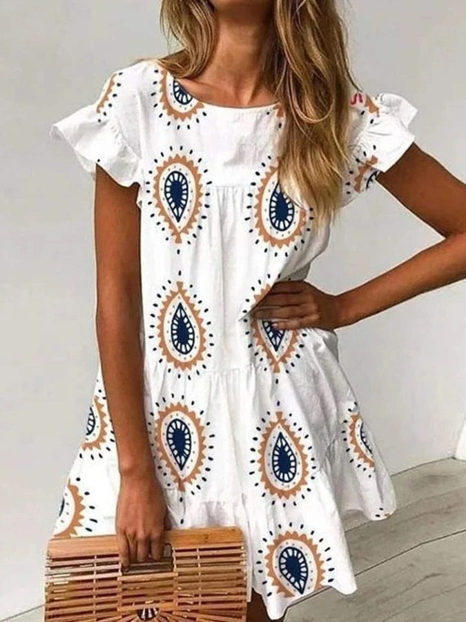 2021 Vacation Floral Printed Dress Summer Elegant Short Women Dresses Butterfly Sleeve Casual Ruffled Neck A-line Dresses Female