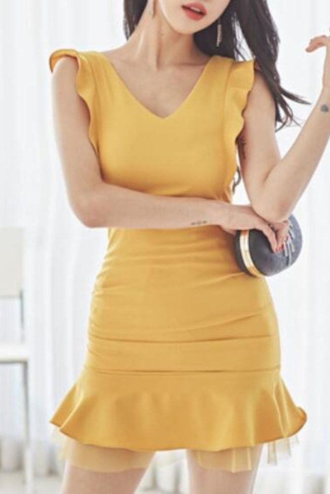 Summer New Korean Style Elegant V-neck Mesh Patchwork Ruffled Slim-Fit Sheath Dress