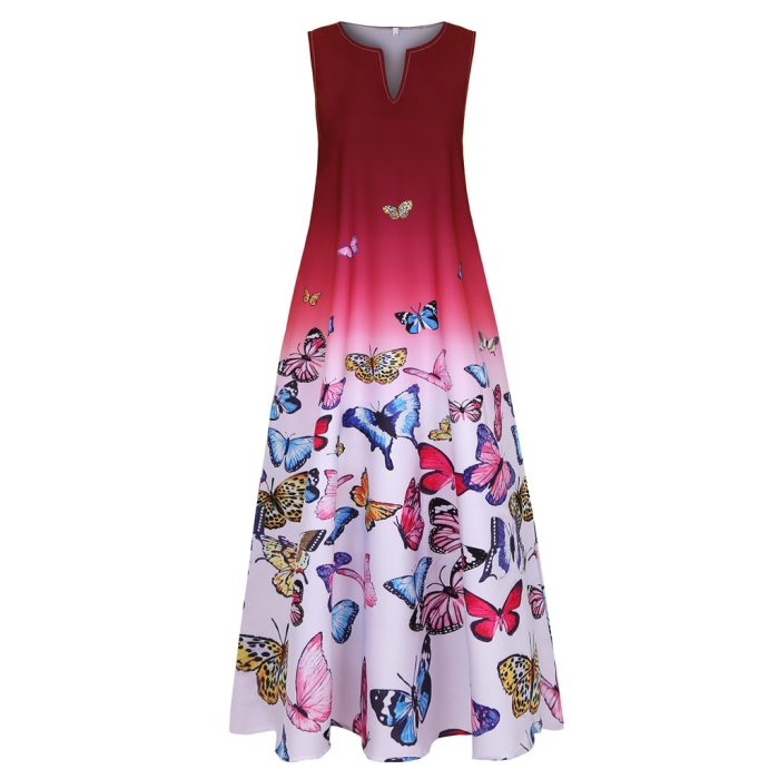 Women Summer Dress Ladies Fashion Plus Size Butterfly Print Daily Sleeveless Vintage Bohemia V Neck Maxi Dress Sundress