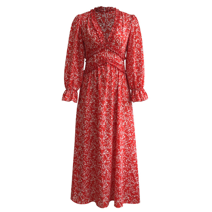 Spring Fall Elegant Women Dress Sexy Deep V-Neck Fashion Floral Ruffle Long Sleeve Midi Dresses Casual Boho Beach Robe Femme