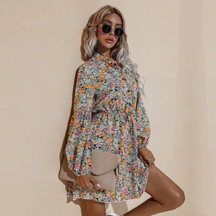 Orange Vintage Floral Print Women Summer Dress 2021 Casual V-neck Long Sleeve A-line Chiffon Beach Mini Dresses Vestidos