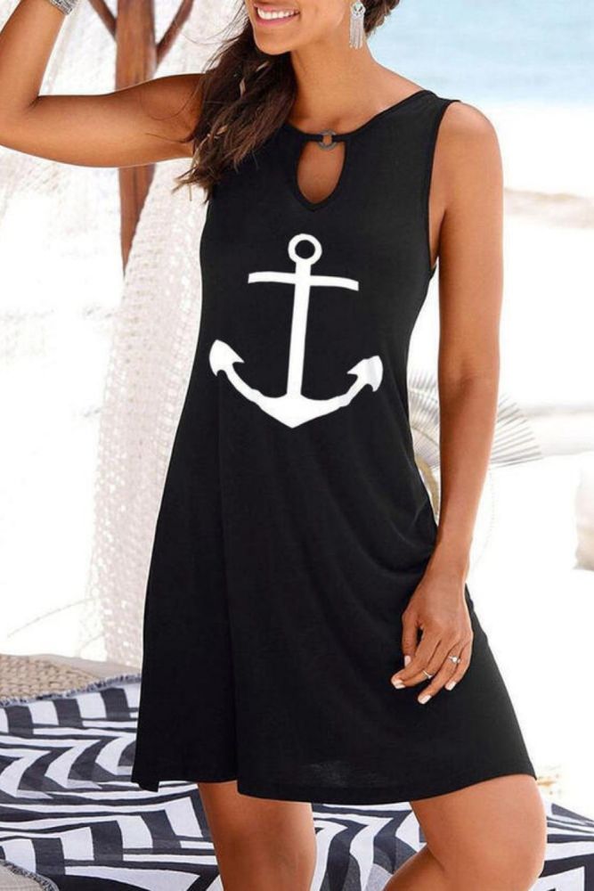 2021 New Summer Elegant Casual Women Hollow Out V Neck Printed Dress Loose Sleeveless Tank A-line Dress Slim Party Lady Vestidos