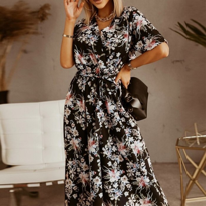 Summer Boho Vintage Floral Print Beach Dress Elegant Bandage Belted Short Sleeve Dresses Women Sexy Wrap V Neck Long Party Dress