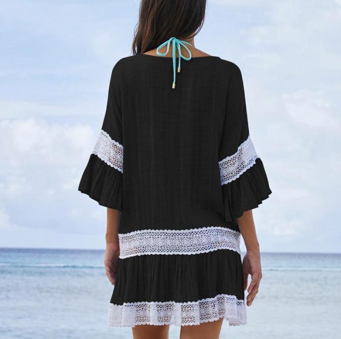 Casual Sexy Lace Splicing Hollow Out Horn Sleeve Sunscreen Mini Dress