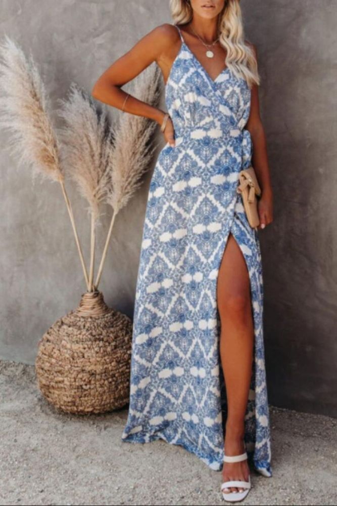 Long Vacation Style Printed Dress Women Tie Up Belt Backless Split Dress New Fashion Summer Beach Maxi Dress Vestidos