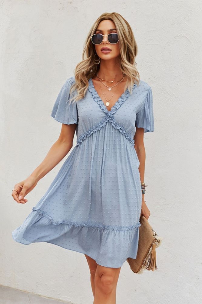 Summer Women's Clothing Fashion Short Sleeve Solid Color Dress V-neck Casual Party Sundress Plus Size Ladies Dress