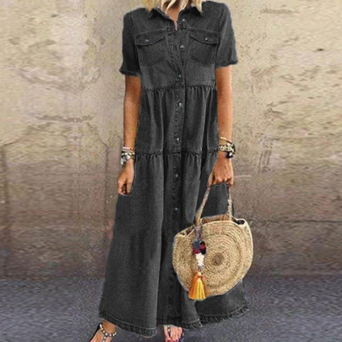 2021 Summer Casual Short Sleeve Button Dress Women Elegant Floral Print Party Dresses Ladies Fashion Turn-down Collar Maxi Dress