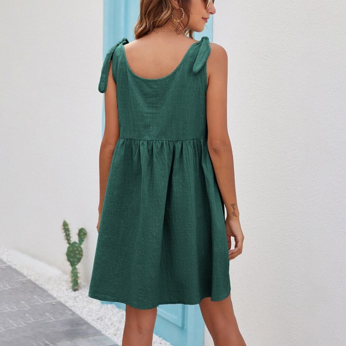 Casual O-neck Bow Pure Color Mini Dress Fashion Sleeveless Loose A-line Vestidos Green Lace Up Dresses For Women 2021 Robe Femme