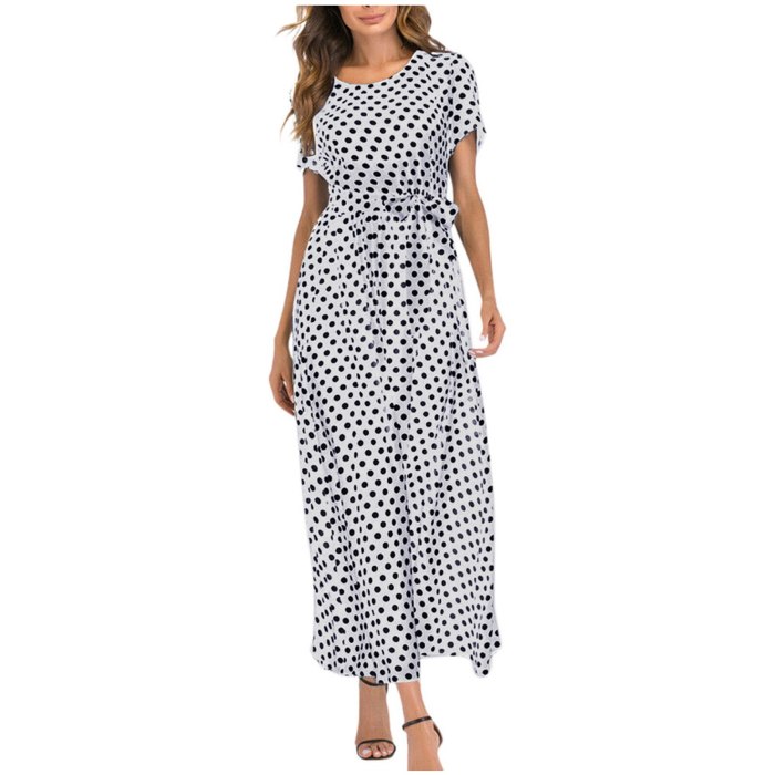 Fashion Women Dress O-neck Short Sleeve Beach Polka Dot Bandage Long Maxi Dress