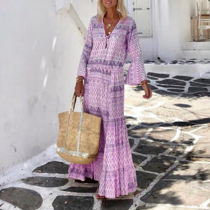 Women Vintage Geometric Print Long Party Dress Lady Elegant Flare Sleeve Summer Beach Dress 2021 Spring V Neck Boho Party Dress