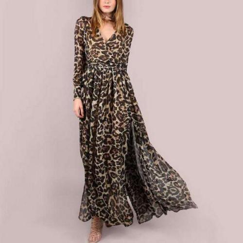 Sexy Leopard Print Long-Sleeved Belt Chiffon Maxi Dress